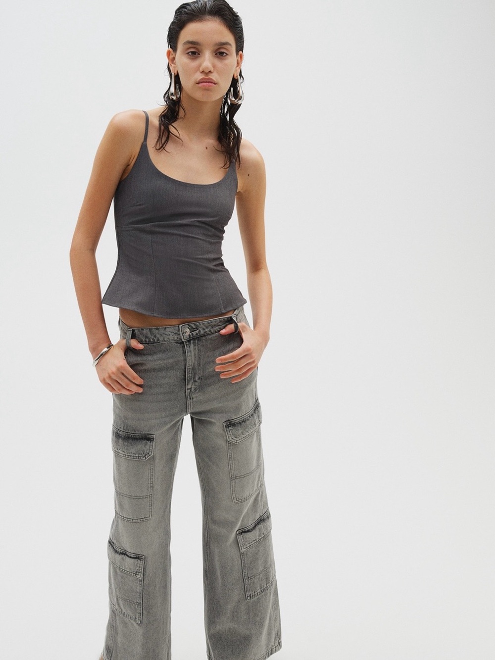 Divided Gray Strapless Peplum Top